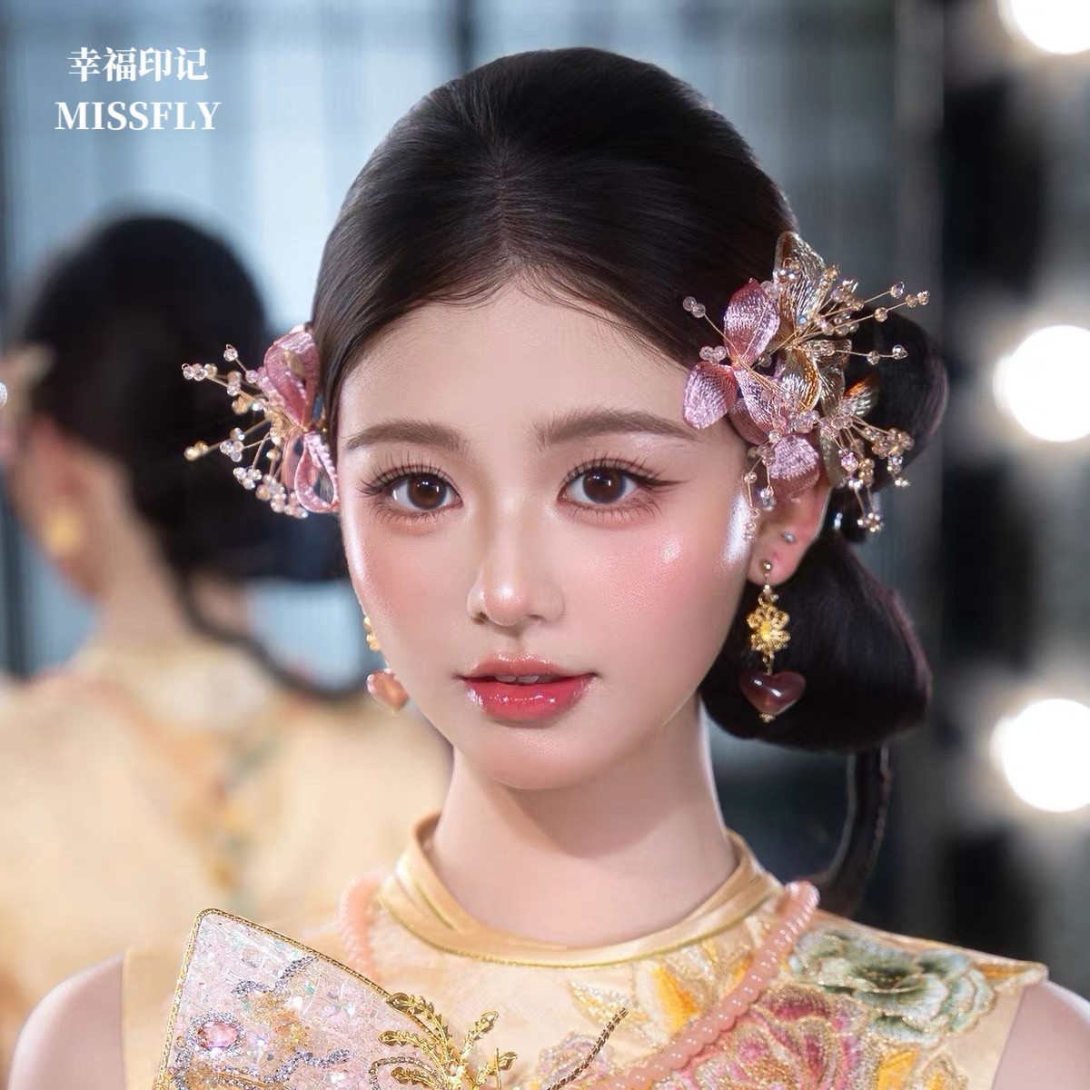 缠花金色粉色紫色晨袍旗袍新中式古风汉服新娘新中式头饰发饰发簪