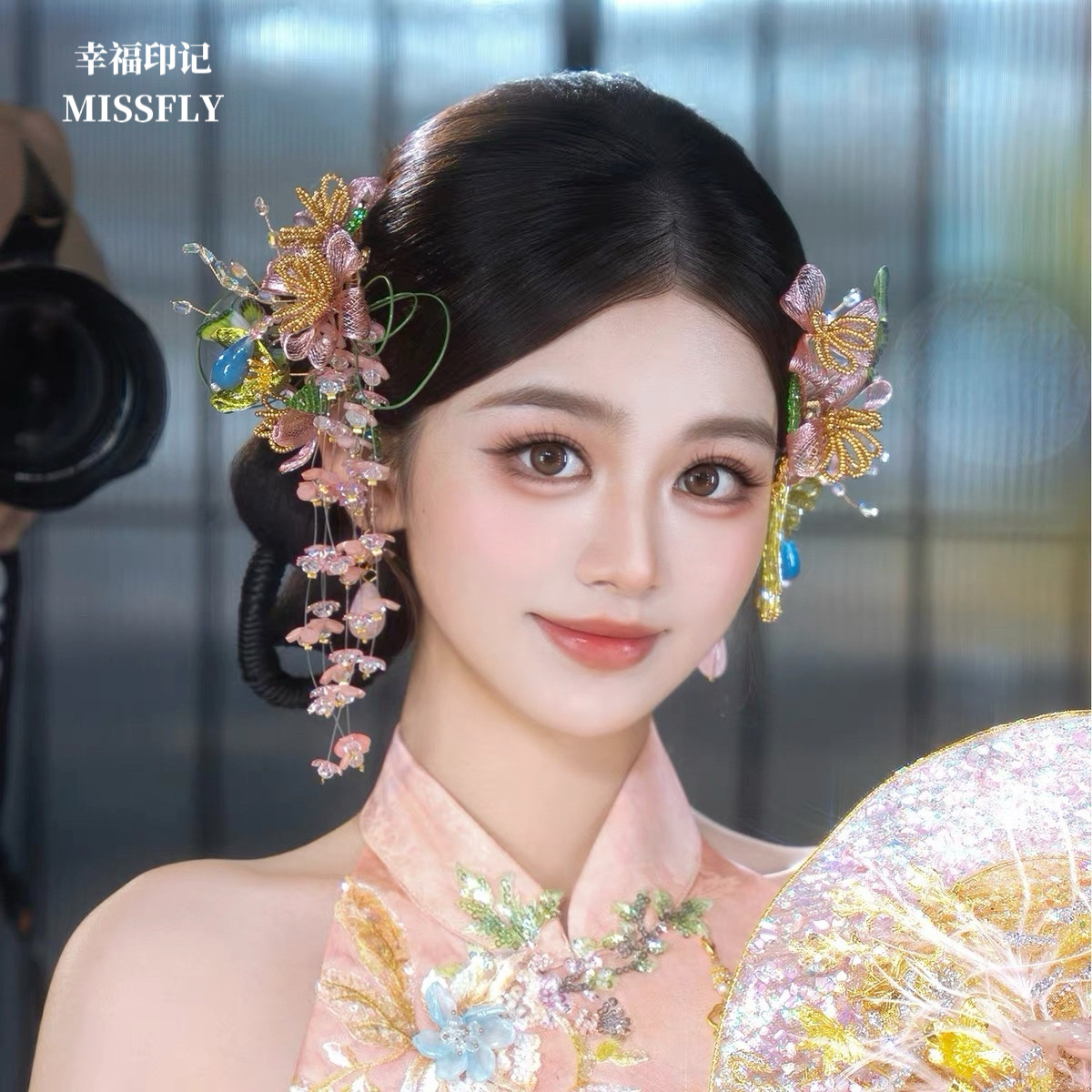 新娘头饰发夹边夹流苏粉色缠花新中式婚礼晨袍旗袍礼服发饰减龄仙图片