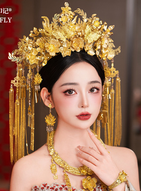金色奢华花朵新娘大凤冠中式汉服婚礼秀禾旗袍敬酒服龙凤褂头冠