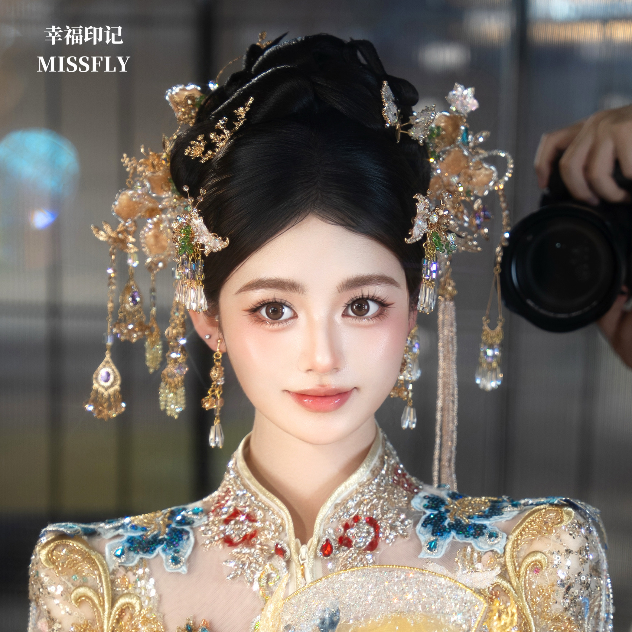 小清新新娘浅色新中式头饰香槟金色秀禾晨袍旗袍南洋礼服发饰减龄