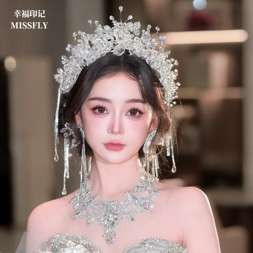 2026婚礼奢华手工水晶皇冠后区头饰新娘跟妆主婚纱王冠发饰品女
