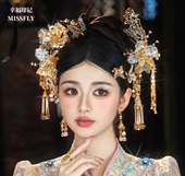 香槟金色新中式 新娘秀禾头饰浅色百搭旗袍蝴蝶发饰高级感气质减龄