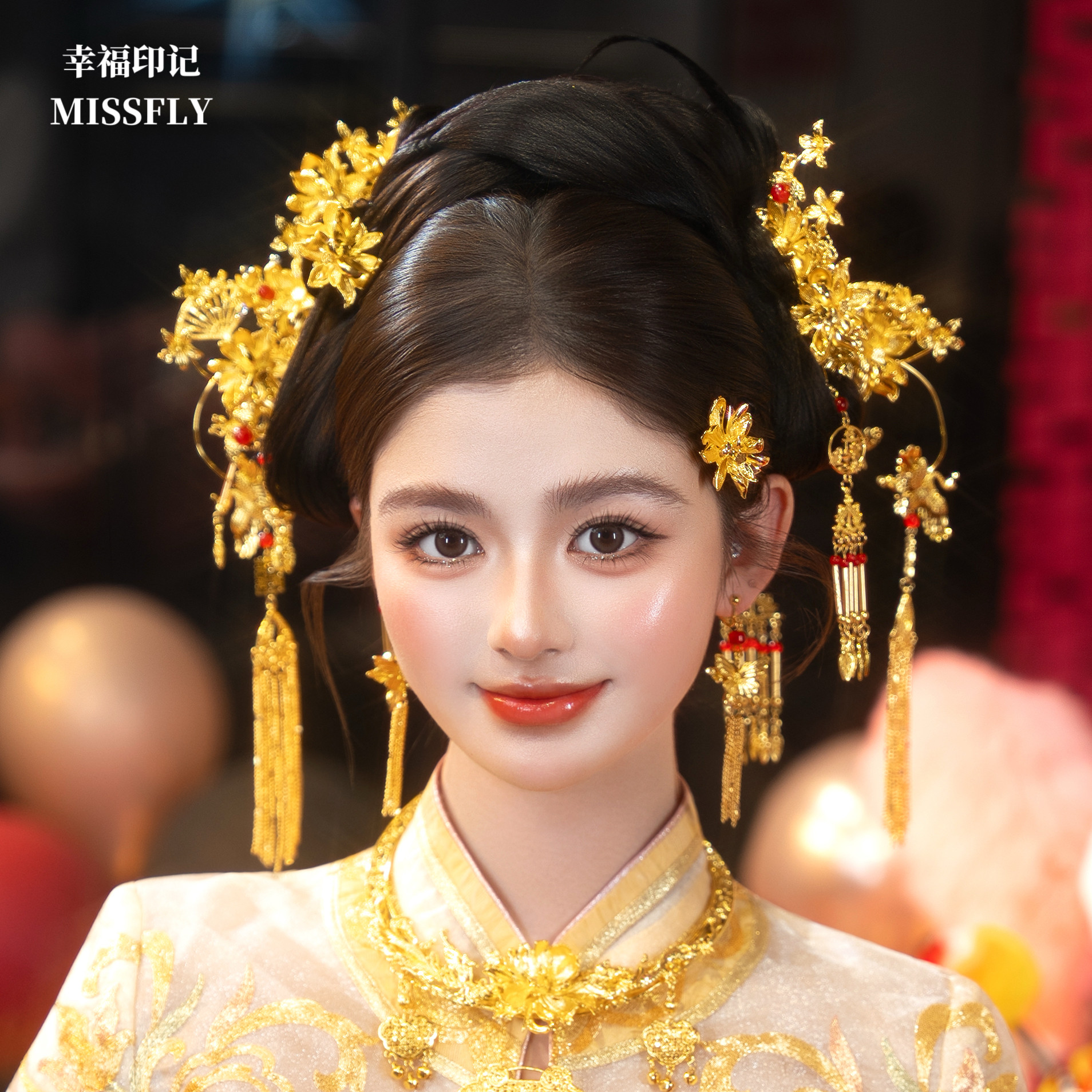 金色步摇红色珠发簪新娘头饰新中式秀禾旗袍龙凤褂汉服发饰凤钗