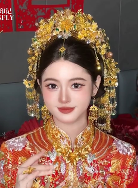 新娘头饰金色步摇凤冠中式婚礼秀禾龙凤褂汉服大气奢华发饰华丽