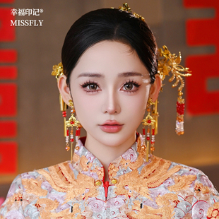 新娘龙凤褂头饰金红色秀禾旗袍汉服马面裙发饰花朵发簪红蓝珠子