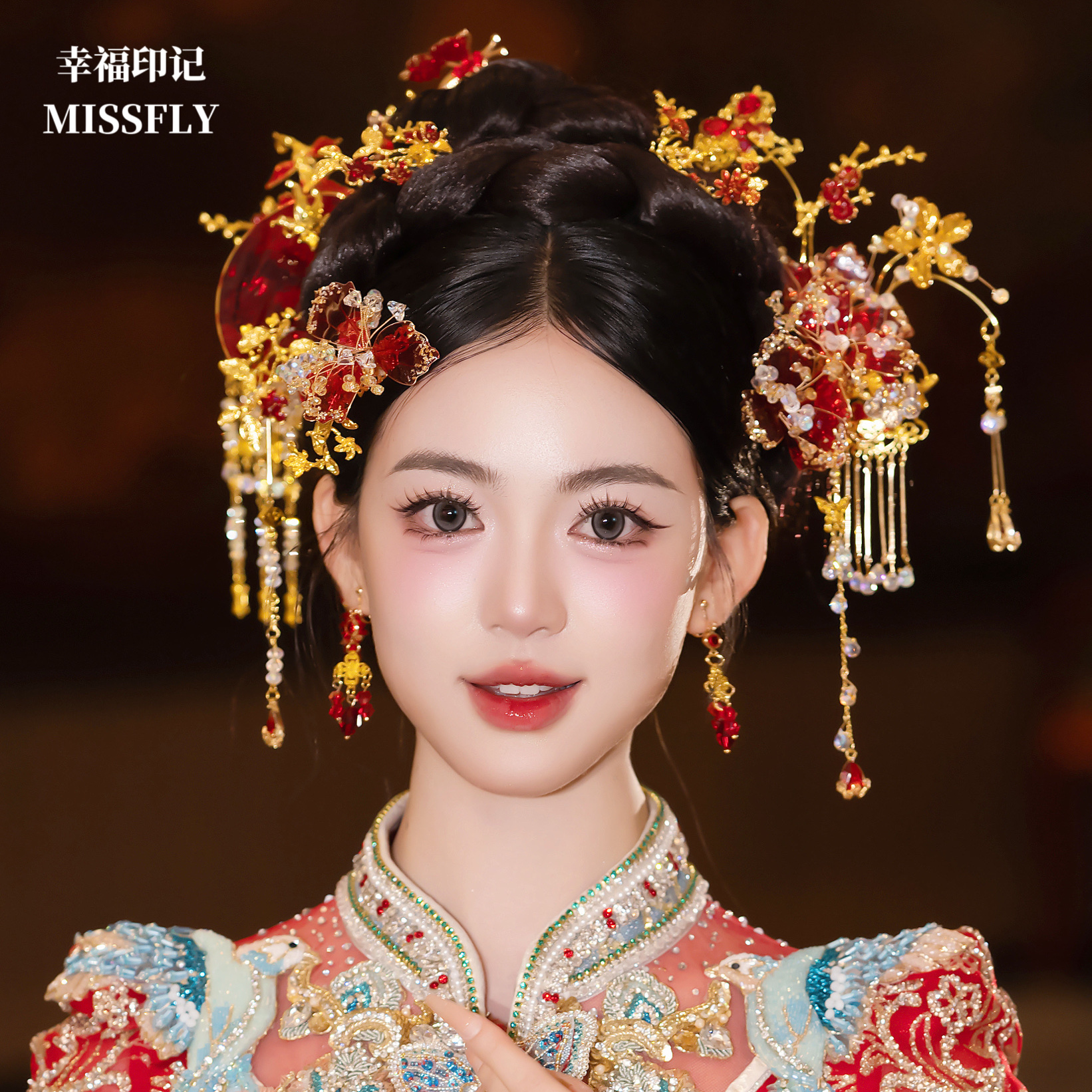 金红色秀禾新娘头饰新中式分体套装龙凤褂马面裙旗袍额饰扇子发饰