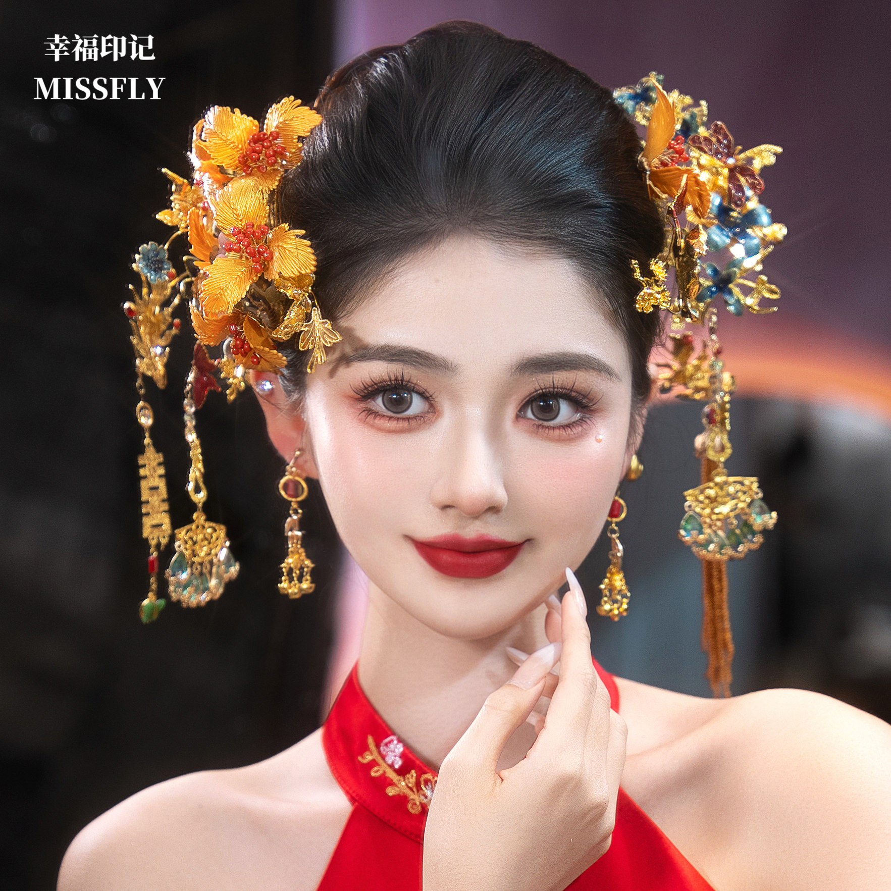 金色花朵蓝色发簪头饰新娘新中式婚礼红色秀禾旗袍晨袍龙凤褂发饰