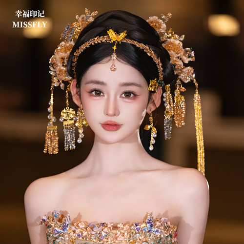 浅色新娘头饰金色新中式发饰发箍花朵眉心坠秀禾晨袍重工灵动减龄