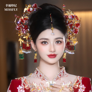 金红色秀禾头饰浅色新中式新娘婚礼水凝胶花朵发饰重工减龄高级感