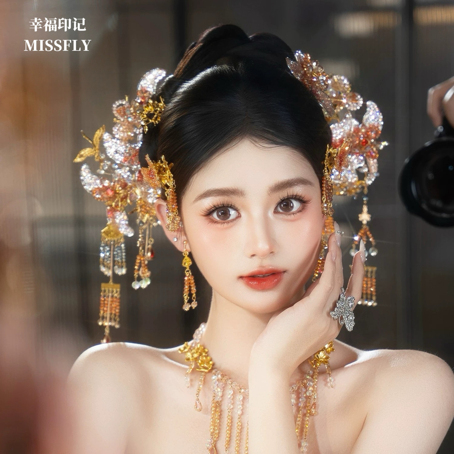 小清新新娘浅色新中式头饰金粉色秀禾晨袍旗袍南洋礼服发饰减龄