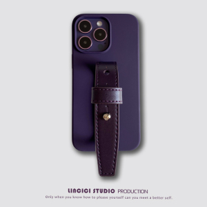 暗夜紫牛皮腕带手腕便携适用苹果iPhone13 14promax全包手机壳