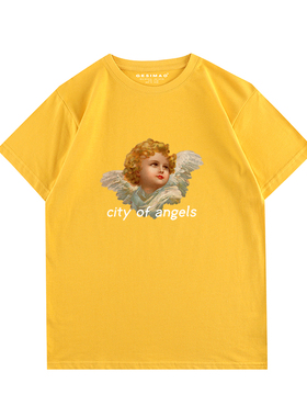 GESIMAO 天使丘比特 自制印花复古黑色T恤女宽松短袖日系小众设计