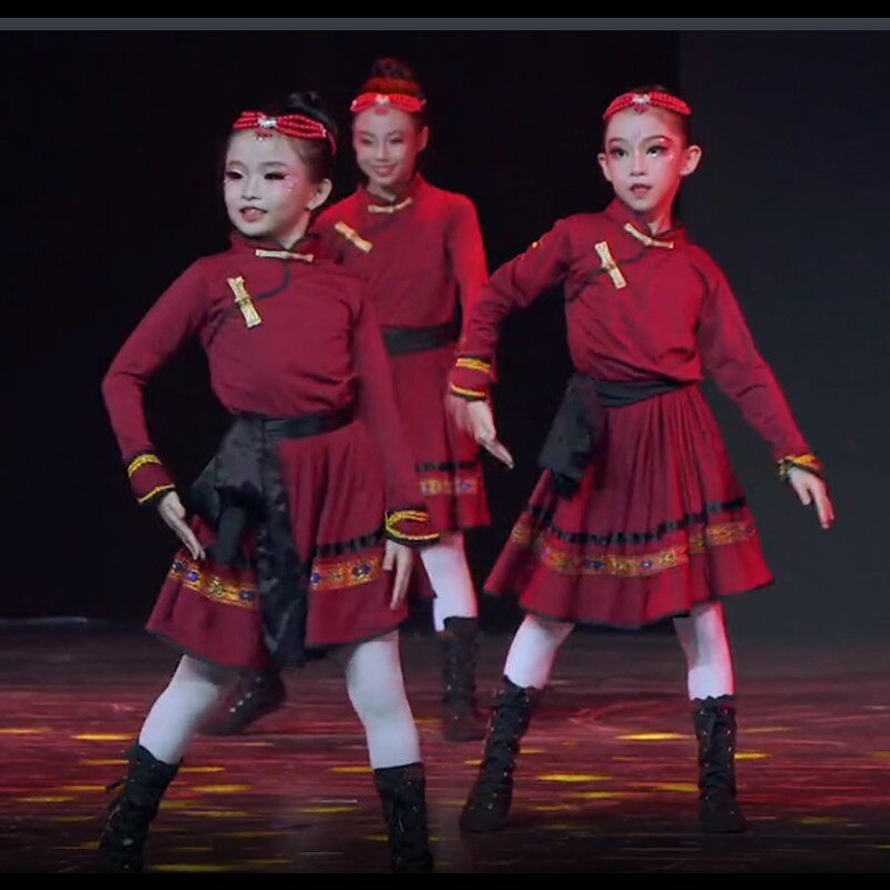 少数民族服装儿童酒红裙子蒙族舞筷子舞蹈演出服蒙古白马舞蹈服装