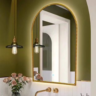 饰镜子 梳妆化妆镜雕花壁炉装 法式 复古卫生间镜轻奢拱形卫浴镜美式