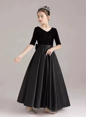 黑色长款儿童女童V领喷金表演出礼服年会钢琴乐器演奏服公主春季