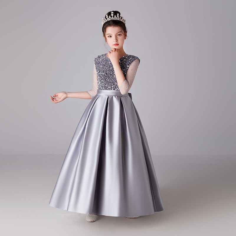 银灰色长款儿童礼服女亮片公主裙