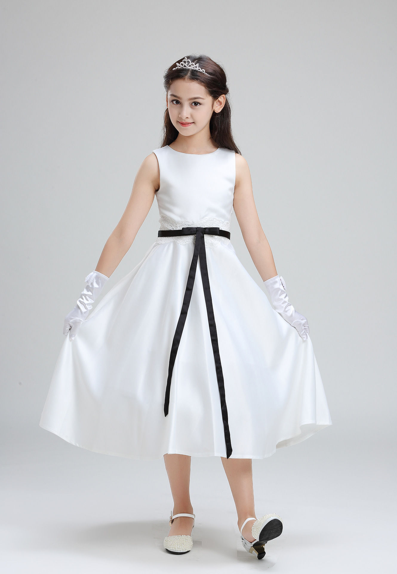 六一儿童礼服裙公主女童裙钢琴演出服晚礼服白色长款大提琴演奏服