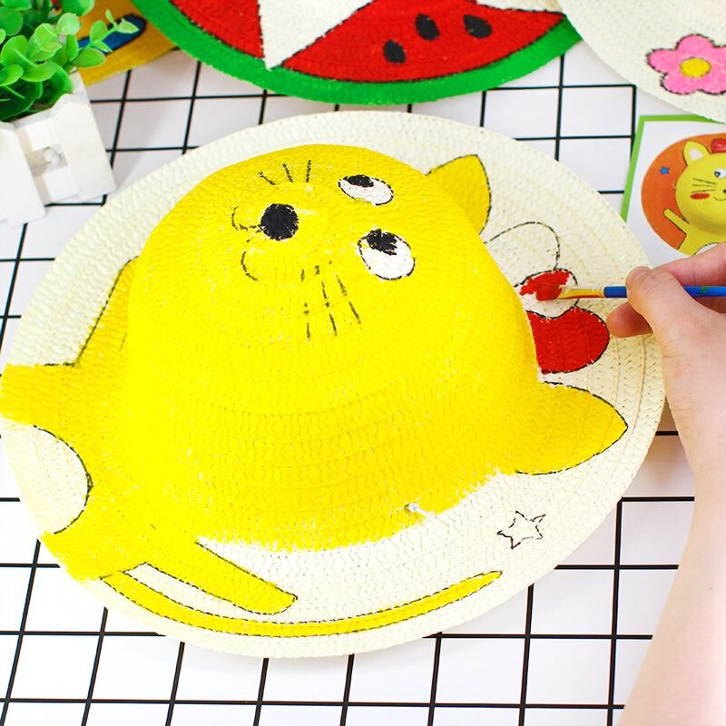 空白草帽diy绘画帽子儿童幼儿园手绘涂鸦帽子手工帽子制作材料包