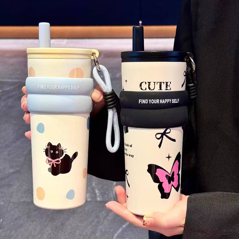 吸管保温杯女男款2025新款陶瓷内胆高颜值大容量水杯随行咖啡杯子