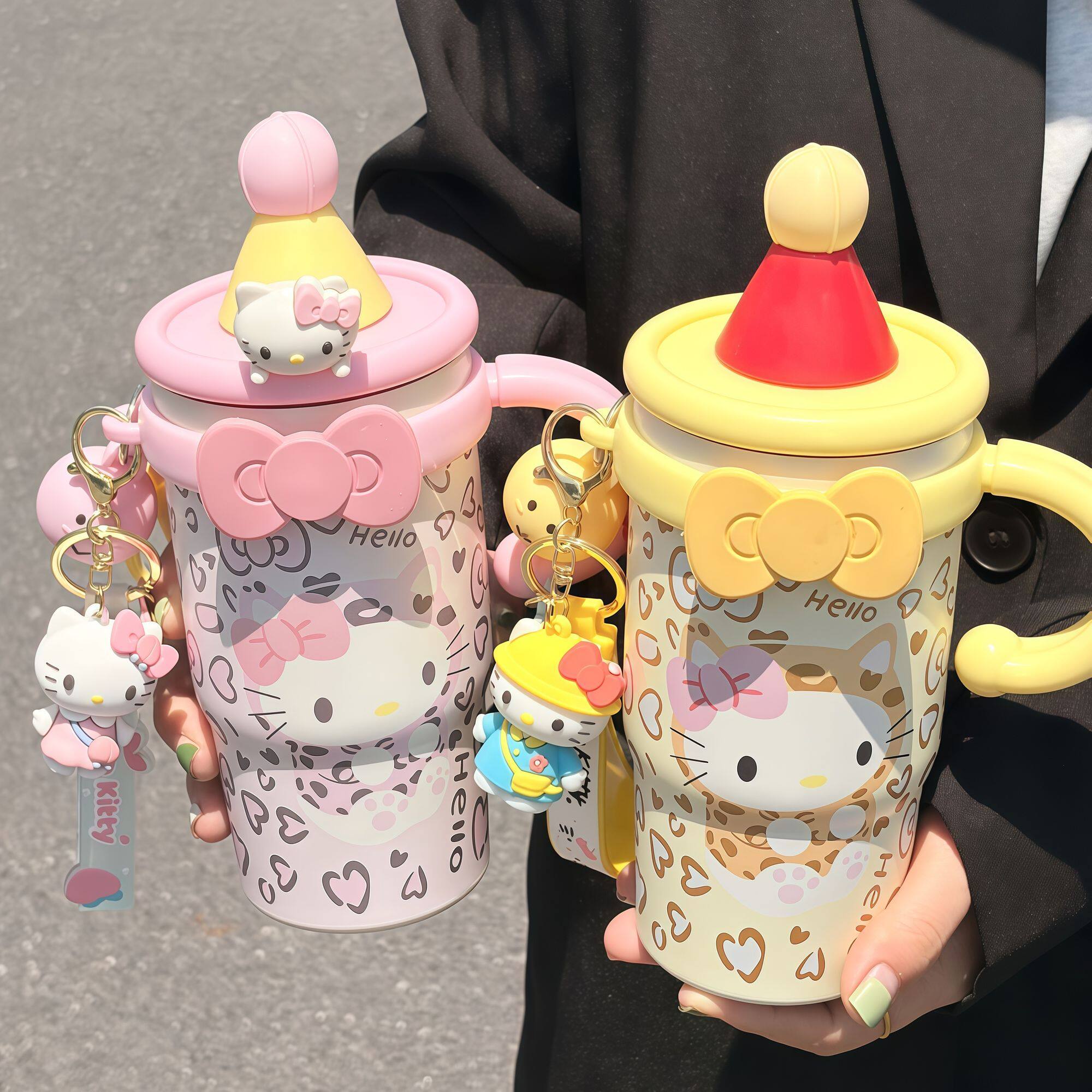 HelloKitty卡通吸管杯可爱少女心带盖带手柄挂件水杯