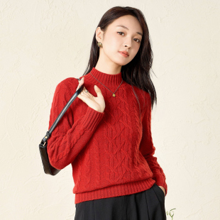 春竹复古绞花半高领羊绒套衫 新100%山羊绒宽松毛衣女上衣 24秋新款