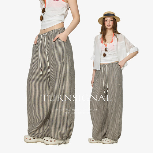 Turnsignal亚麻条纹阔腿休闲裤女