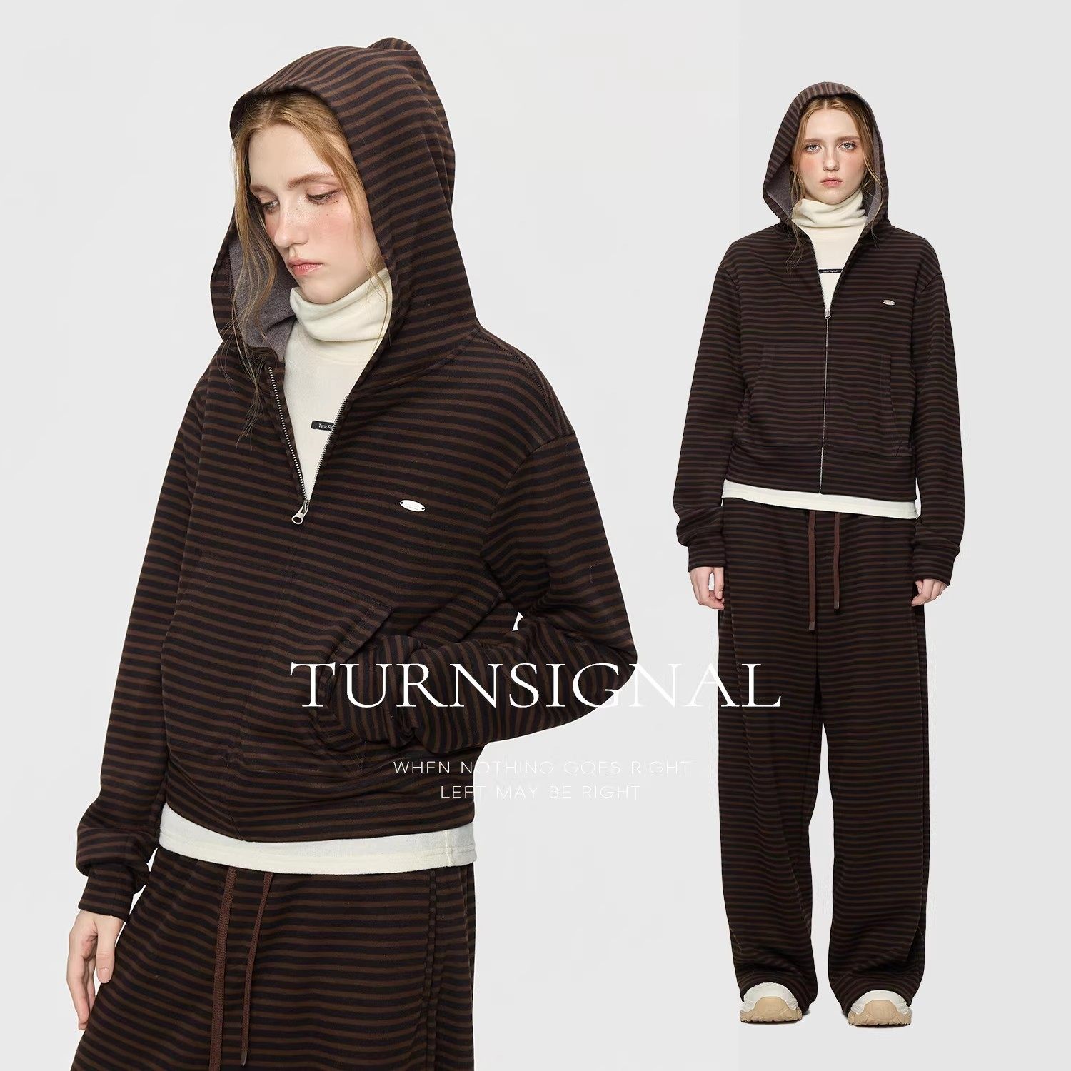 TurnSignal条纹卫衣长裤套装女秋冬2025新款连帽休闲运动两件套