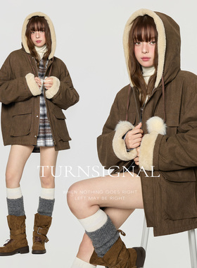 TurnSignal时尚连帽派克服外套女冬季加厚中长款宽松保暖工装外套