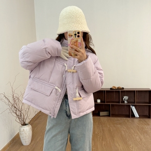 2024秋冬新款羽绒服女立领短款牛角扣小个子面包服时尚白鸭绒外套