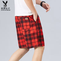 Summer pure cotton beach pants for men, loose and casual five-inch shorts, large underpants for home use, with plaid on the outside of the waistband thumbnail 4