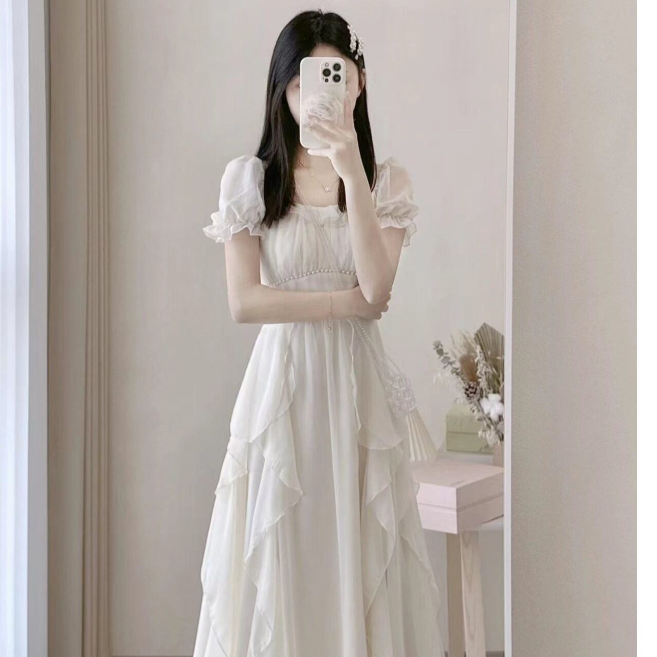 法式方领甜美温柔仙女风连衣裙女夏季新款女装收腰显瘦中长款裙子