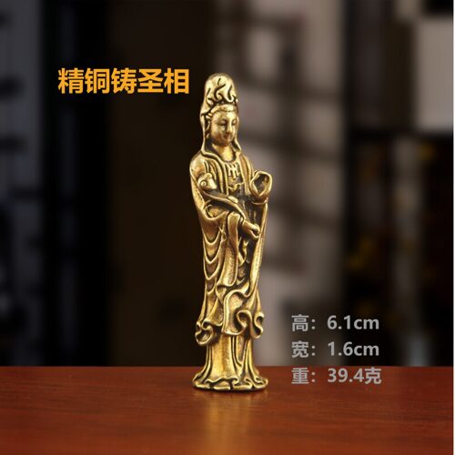 复古做旧实心黄铜南海观音菩萨佛像玄关桌面摆件假山造景文玩收藏