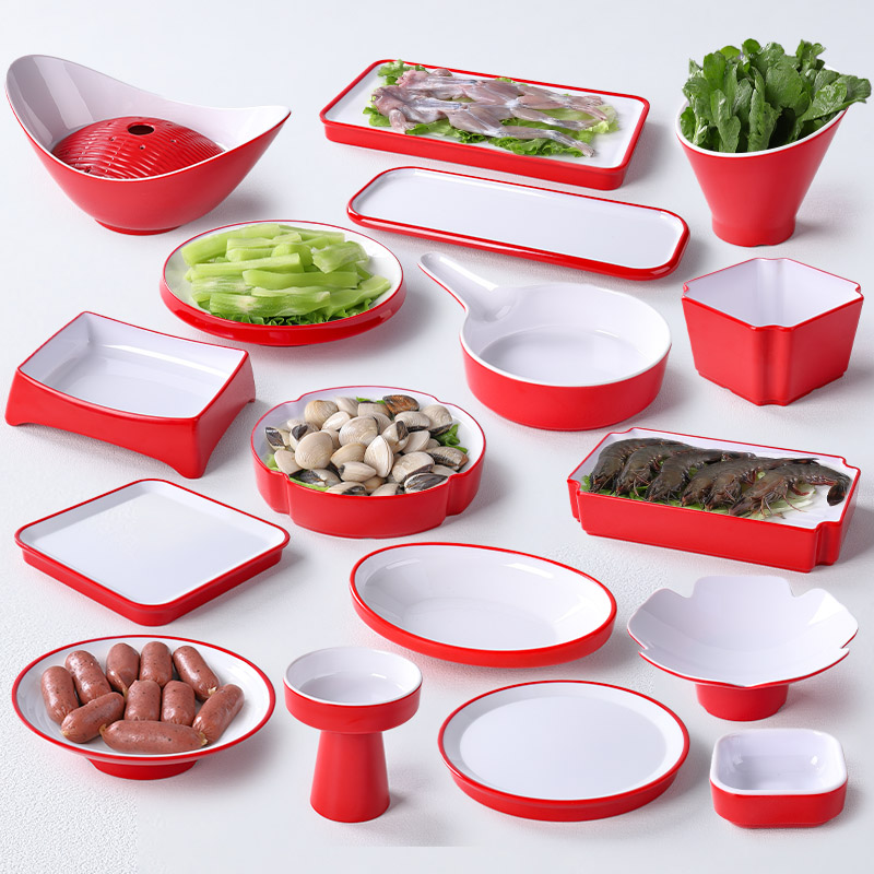 密胺红白牛肉火锅店专用盘涮肉盘子菜盘创意塑料凉菜碟子烤肉餐具