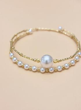 S925银隔珠隔管施家珍珠满天星手镯双层弹力小众精致礼物