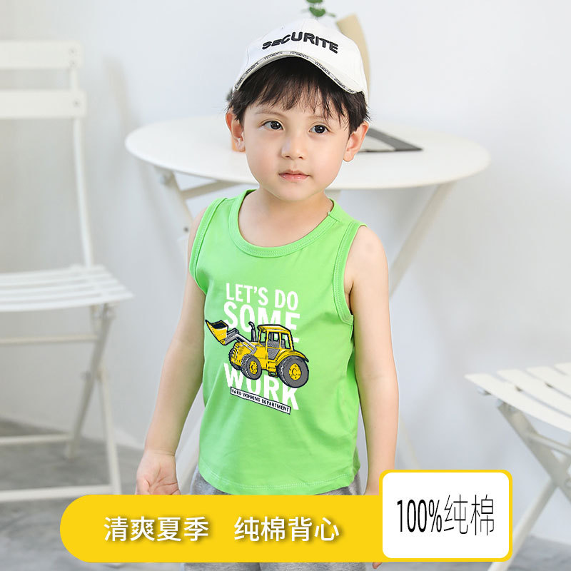 童装2025儿童背心夏男女童圆领工字型背心纯棉儿童挖土机无袖上衣