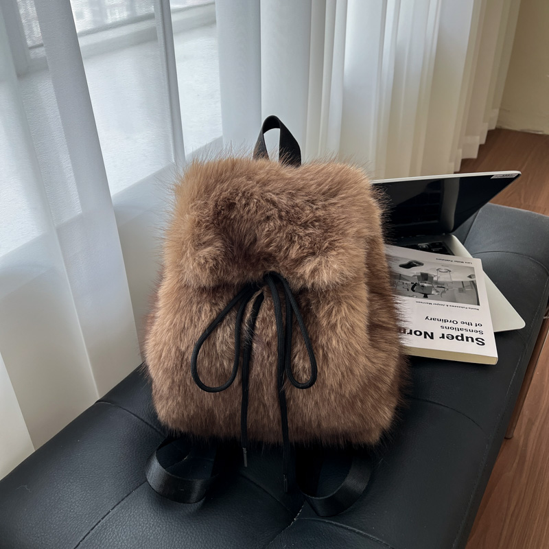 休闲女双肩包涤纶毛毛单肩包抽绳