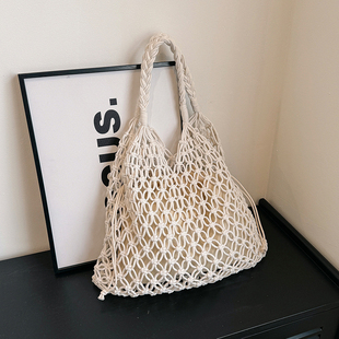 韩风chic编织大容量夏季 度假风沙滩慷懒风彩色系手工复古腋下女包