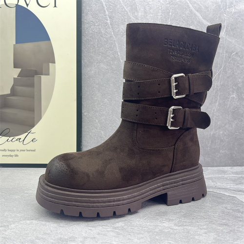 2025冬季特价英伦风皮带扣机车靴女加绒厚底保暖马丁靴百搭短靴女