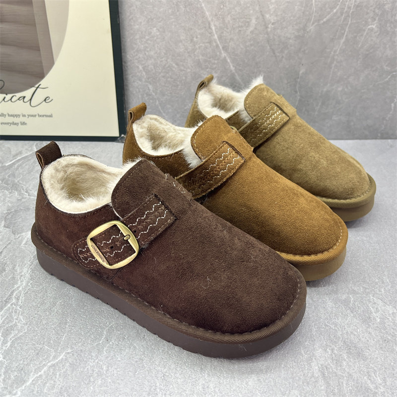 2025冬季加绒勃肯鞋女圆头平底毛绒保暖舒适百搭休闲鞋皮带扣棉鞋