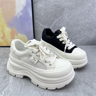 休闲松糕鞋 女百搭时尚 真皮网面厚底小个子增高7cm小白鞋 2026春季
