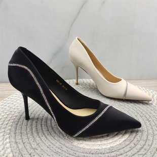 商场同款女式时尚单鞋高跟细跟尖头浅口水钻装饰职场通勤增高显瘦