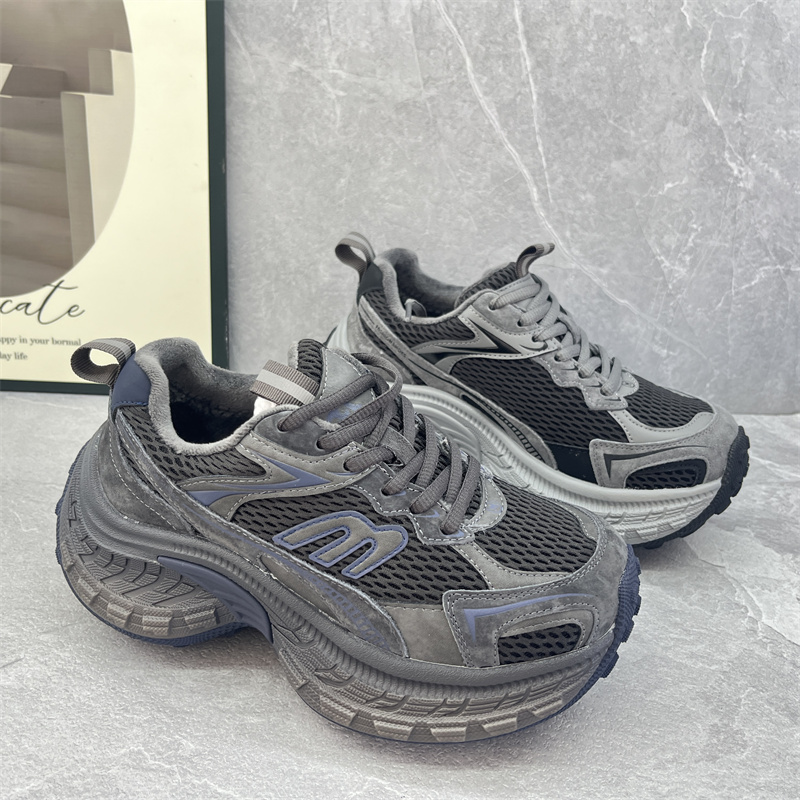 2025冬季加绒真皮保暖厚底增高老爹鞋女网面透气运动休闲鞋百搭潮