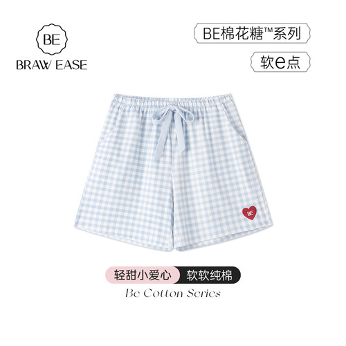 BE短裤纯棉女睡裤夏季格子爱心