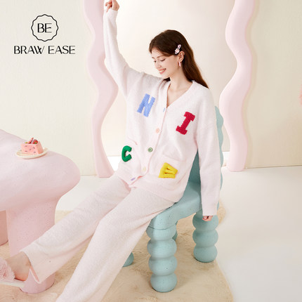 BE半边绒睡衣秋冬款女家居服套装冬季加厚加绒珊瑚绒女款冬天长袖