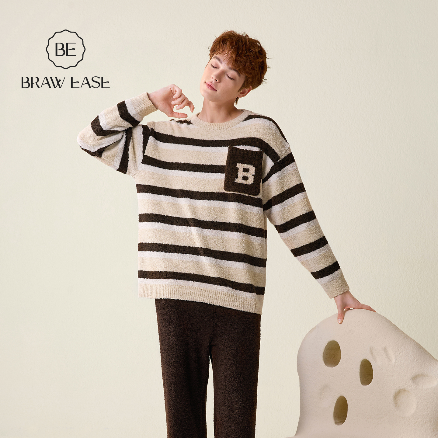 BE男士半边绒睡衣冬加厚条纹新品