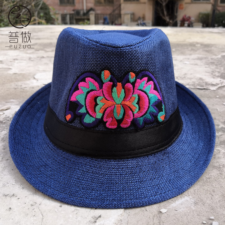 中式改良民族风绣花草帽子女出游旅行遮阳刺绣复古文艺小礼帽夏季