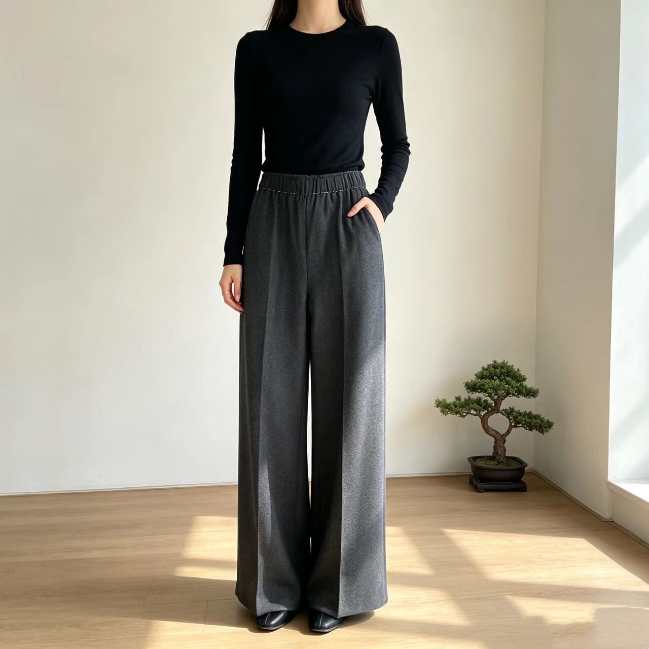 极简风高腰垂感显瘦阔腿裤女
