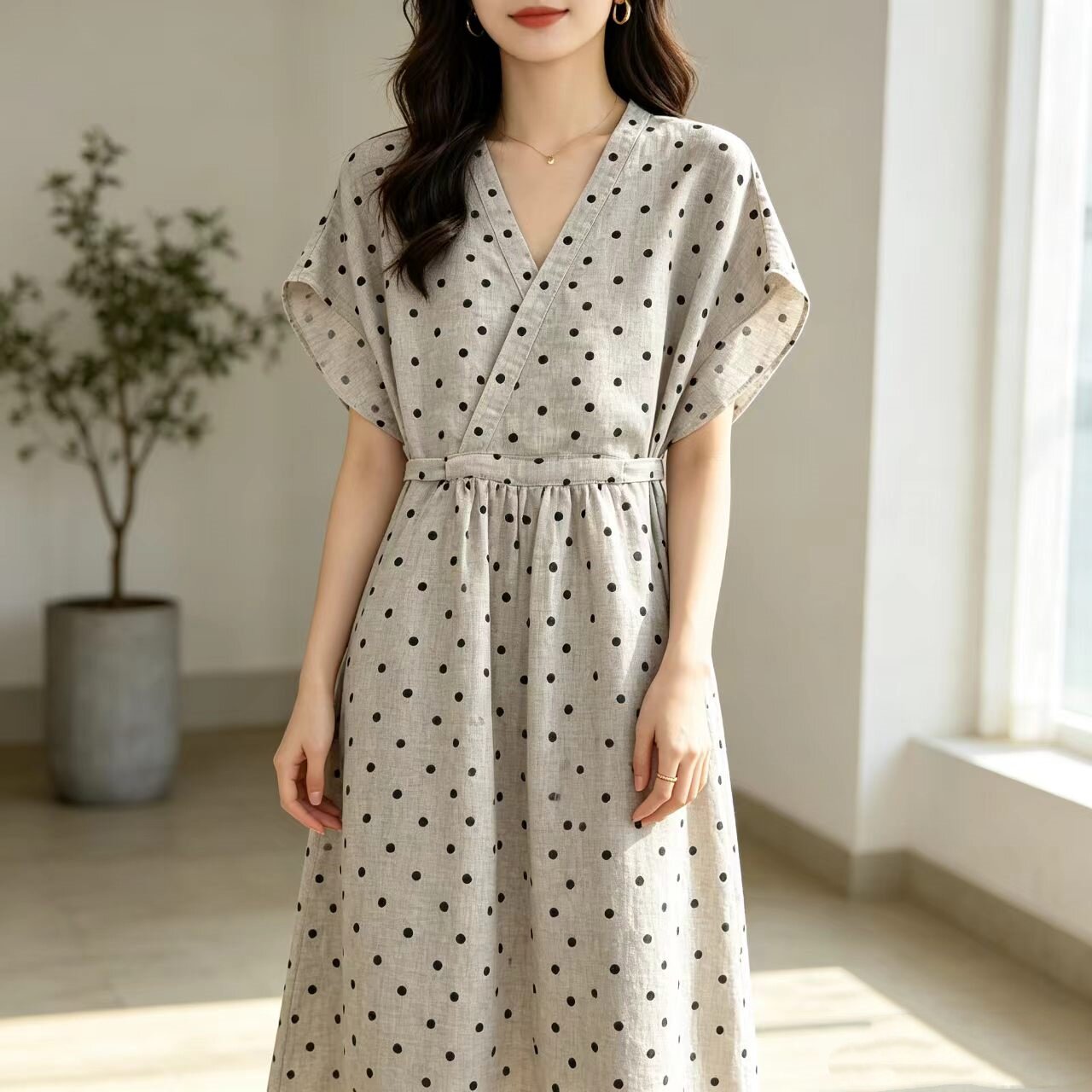 夏季复古波点亚麻V领显瘦连衣裙