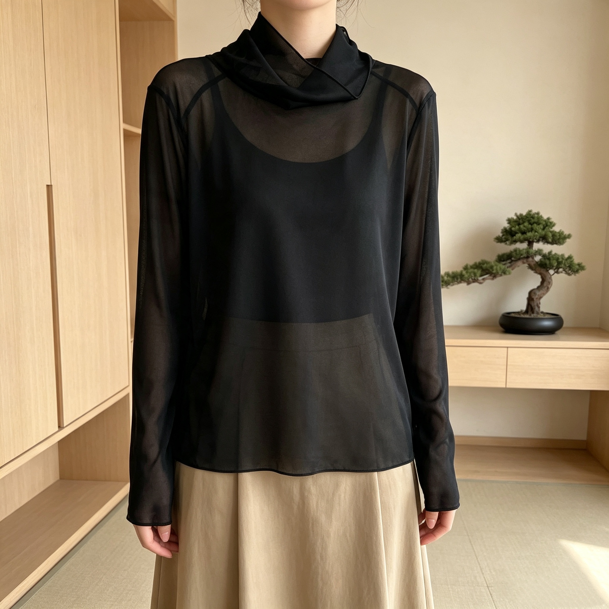 黑色高领长袖透感防晒衬衫女