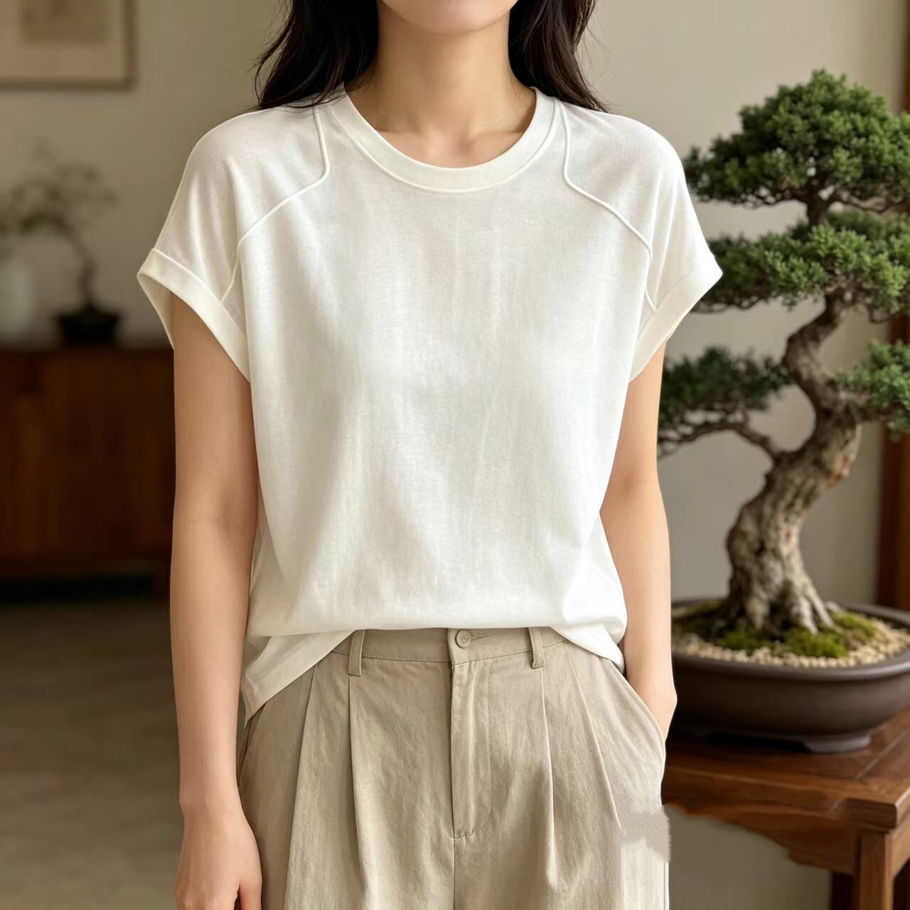 春夏新品！桑蚕丝莱赛尔针织衫，高级感圆领短袖T恤，百搭不挑人